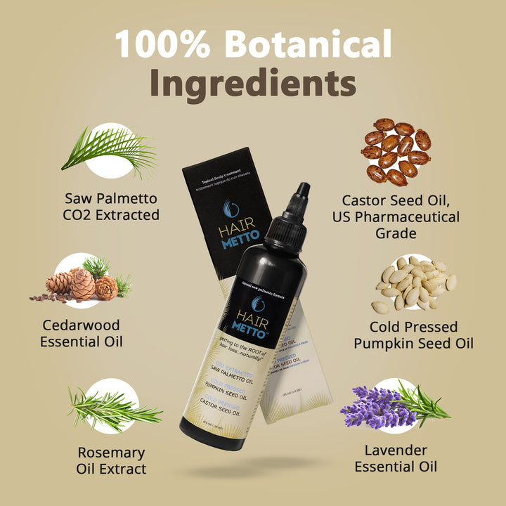 HAIRMETTO topical saw palmetto oil for overnight use, dht blocker, botanical ingredients include pumpkin seed oil, castor seed oil, saw palmetto oil, essential oils for hair growth