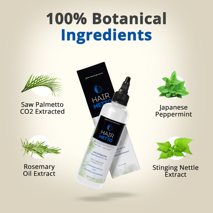 HAIRMETTO topical saw palmetto hair serum, daytime use, leave in to stimulate follicles, block DHT, natural drug-free treatment for hair loss, hair growth thicker