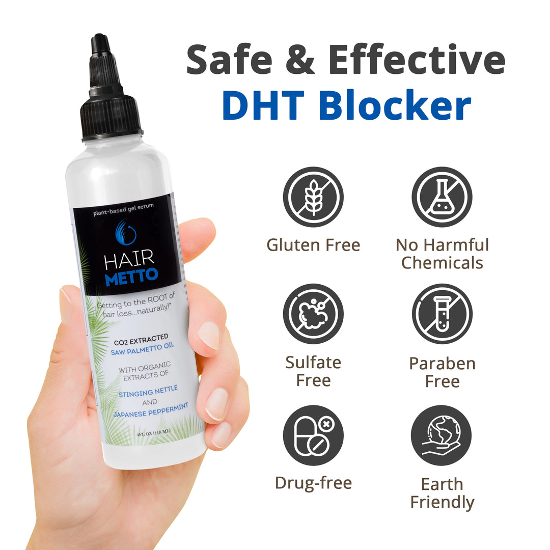 HAIRMETTO topical daytime saw palmetto serum, gluten free, sulphate free, paragon free, drug-free, earth friendly, no harmful chemcials