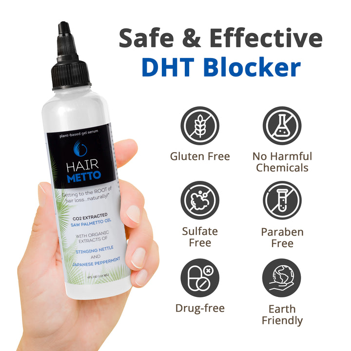 HAIRMETTO topical daytime saw palmetto serum, gluten free, sulphate free, paragon free, drug-free, earth friendly, no harmful chemcials