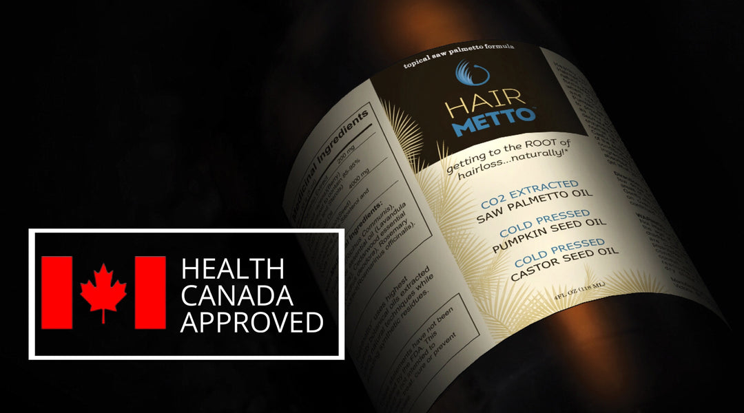 HAIRMETTO topical saw palmetto oil to leave in overnight to stimulate follicles, block DHT, natural drug-free treatment for hair loss, hair growth thicker, health canada approved