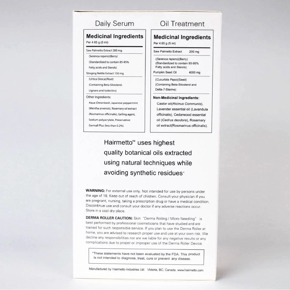 HAIRMETTO hair restoration KIT with derma roller. Stimulate follicles, block DHT, 24/7 protection and scalp treatment, nourish follicles, topical saw palmetto formula