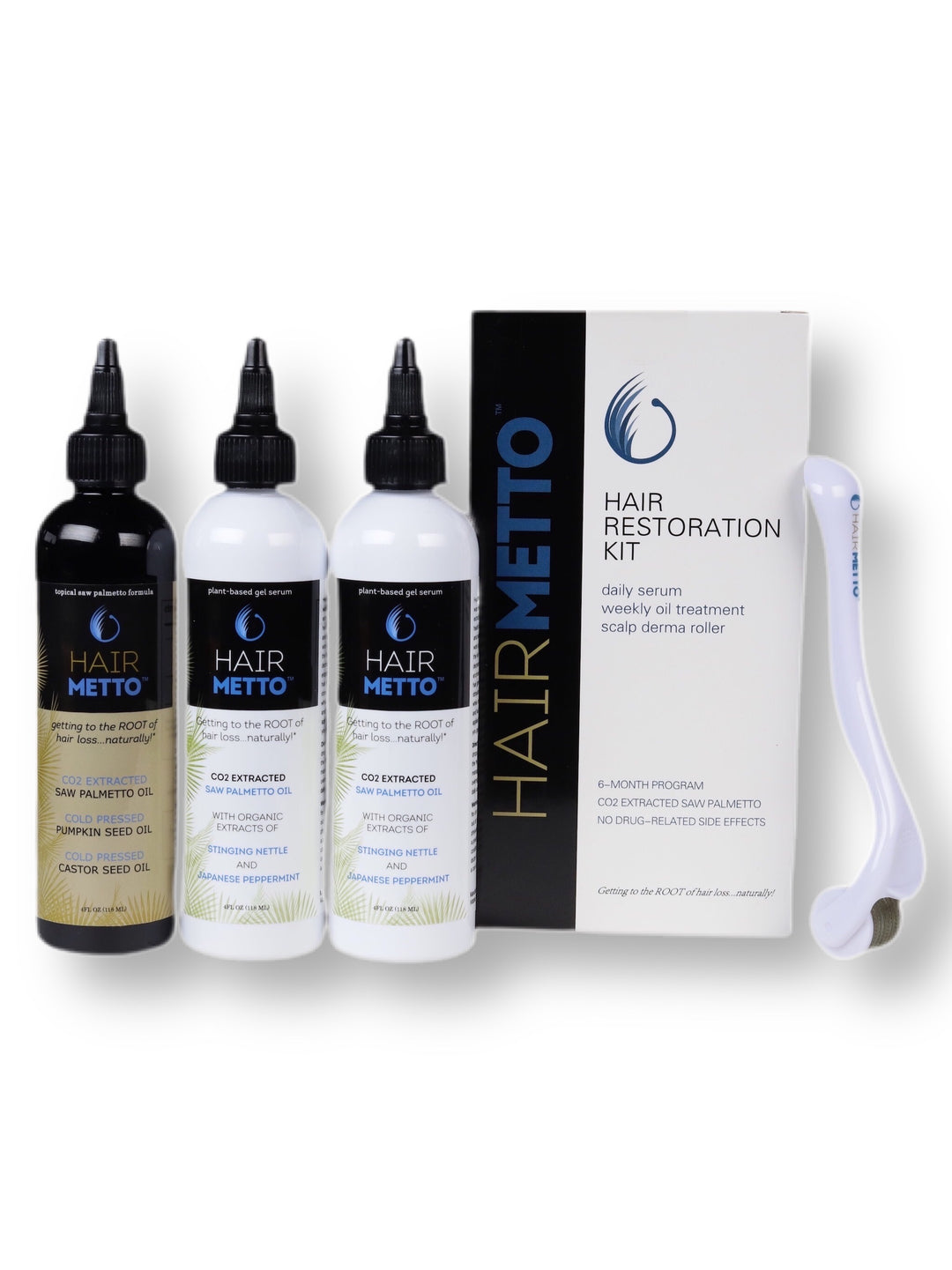 all hairmetto products including topical oil, serum, kit and Dermaroller for hair loss