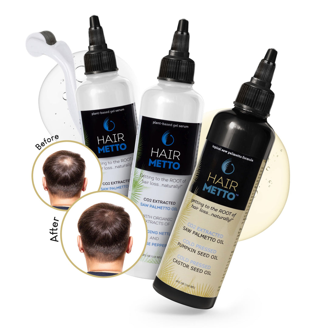 HAIRMETTO hair restoration KIT with derma roller. Stimulate follicles, block DHT, 24/7 protection and scalp treatment, nourish follicles, topical saw palmetto formula