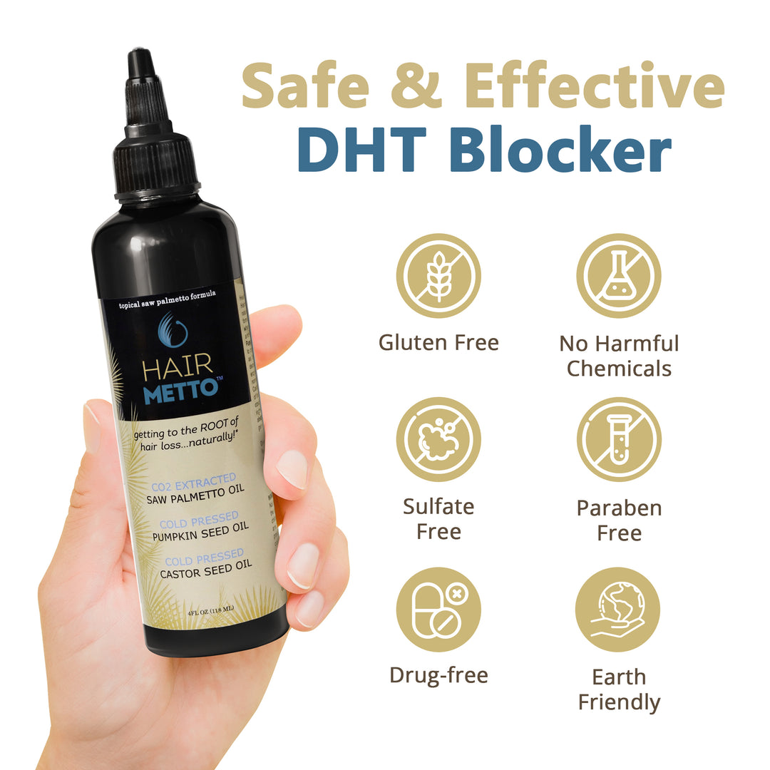 HAIRMETTO safe and effective DHT blocker, topical saw palmetto, no harmful chemicals, paragon free, drug-free, earth friendly for hair loss, hair growth