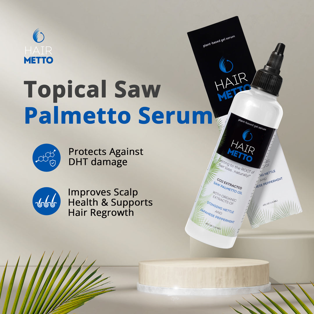 HAIRMETTO topical saw palmetto hair serum, daytime use, leave in to stimulate follicles, block DHT, natural drug-free treatment for hair loss, hair growth thicker