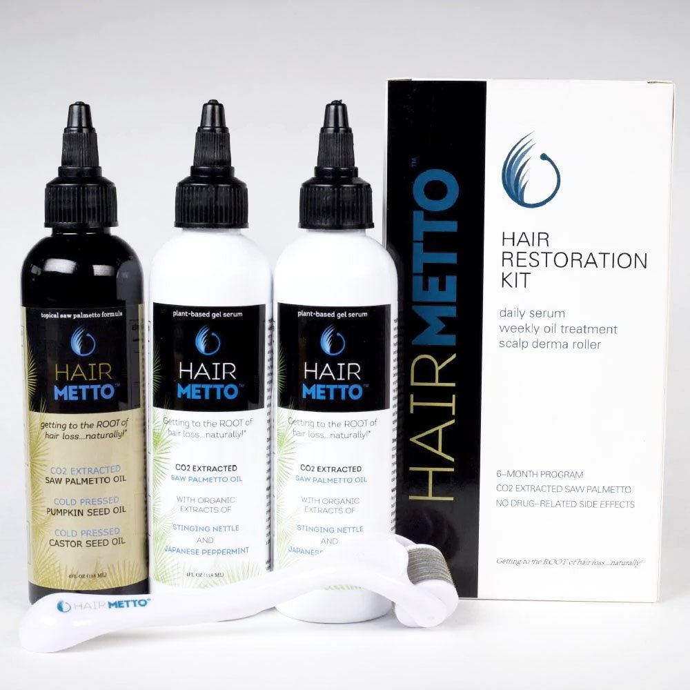 HAIRMETTO hair restoration KIT with derma roller. Stimulate follicles, block DHT, 24/7 protection and scalp treatment, nourish follicles, topical saw palmetto formula